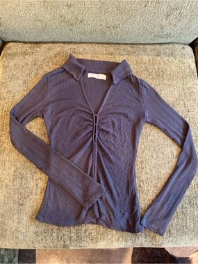 Ribbed Button-Front Long Sleeve Top